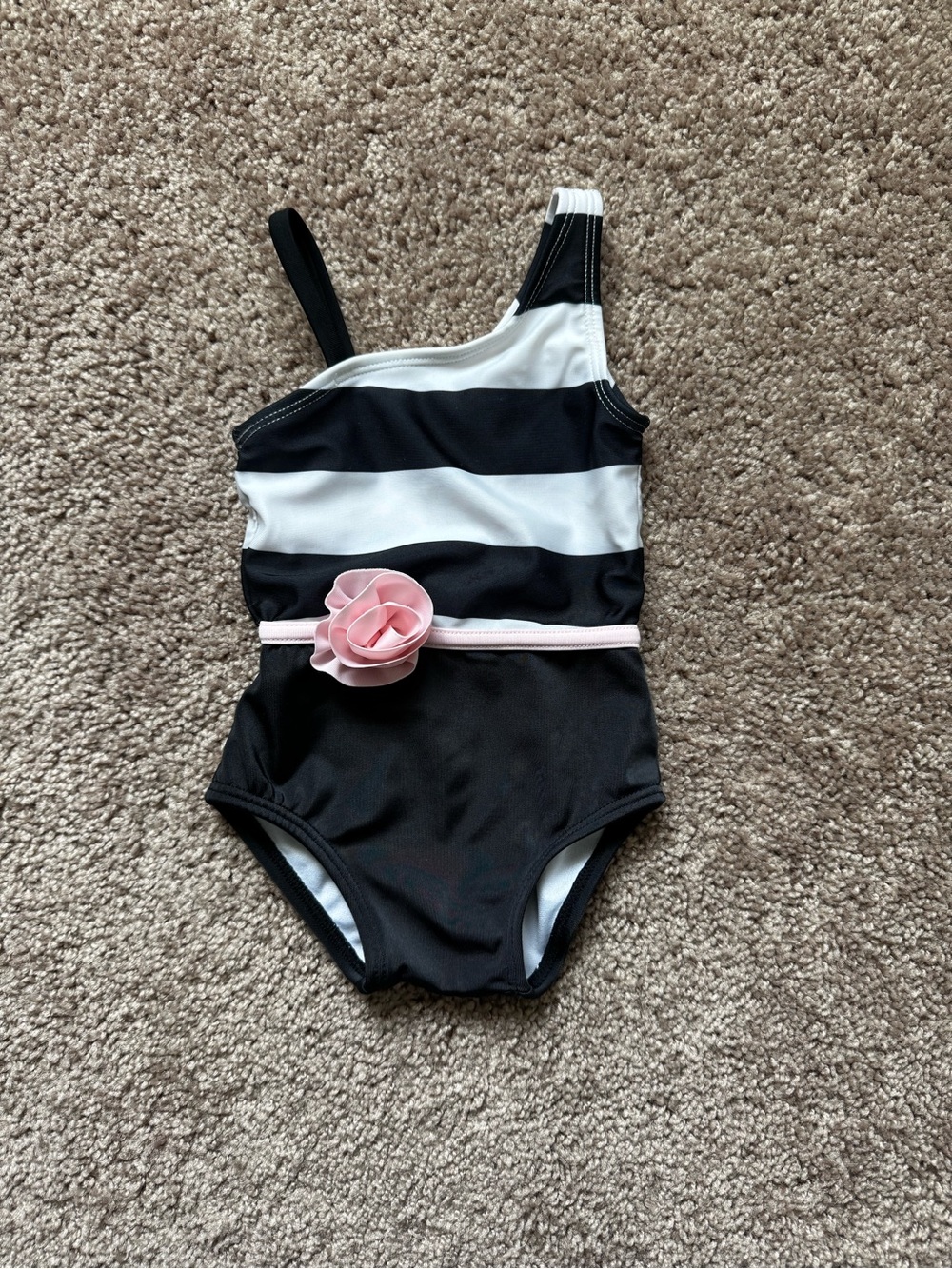 Janie and Jack Baby Girl 6-12m Striped One-Piece Swimsuit Black/White Pink Rose